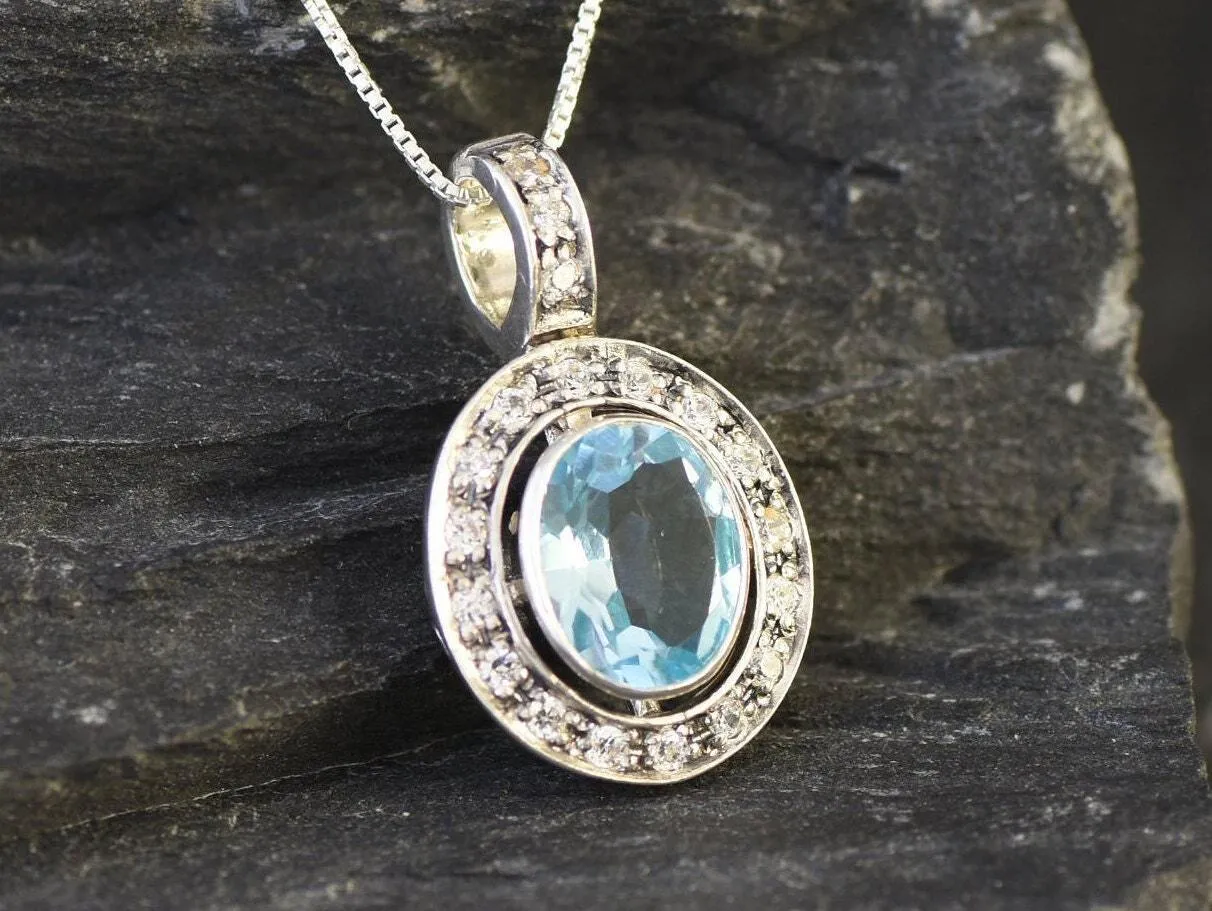 Blue Topaz Victorian Necklace - Natural Blue Topaz Pendant - December Birthstone Necklace