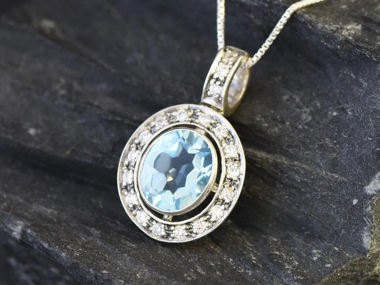 Blue Topaz Victorian Necklace - Natural Blue Topaz Pendant - December Birthstone Necklace