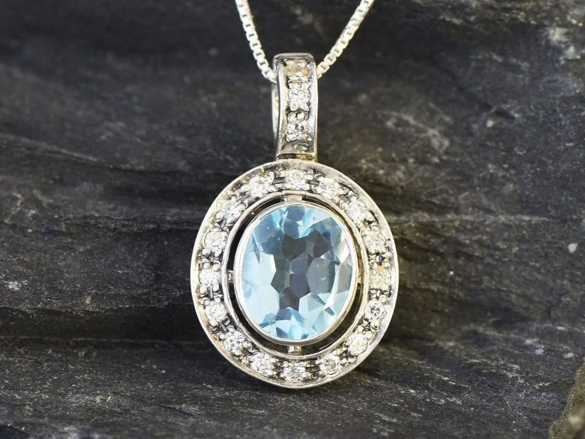 Blue Topaz Victorian Necklace - Natural Blue Topaz Pendant - December Birthstone Necklace