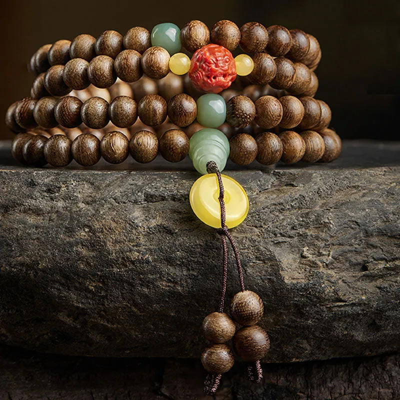Buddha Stones 108 Mala Beads Kalimantan Agarwood Gourd Jade Amber Balance Bracelet