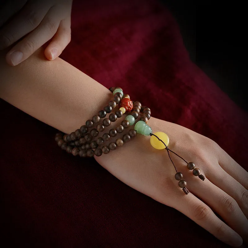 Buddha Stones 108 Mala Beads Kalimantan Agarwood Gourd Jade Amber Balance Bracelet