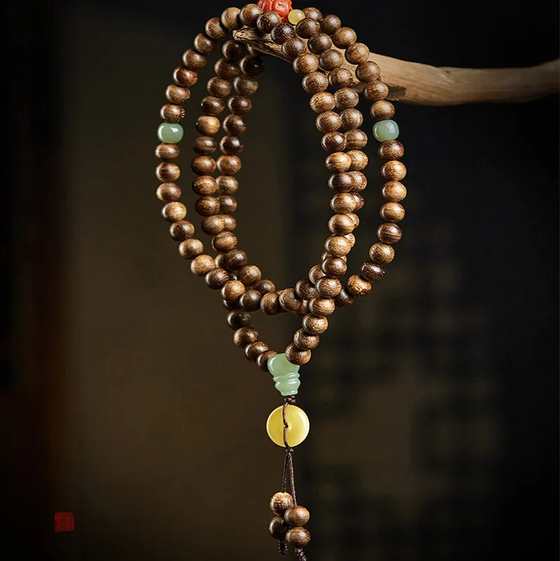 Buddha Stones 108 Mala Beads Kalimantan Agarwood Gourd Jade Amber Balance Bracelet