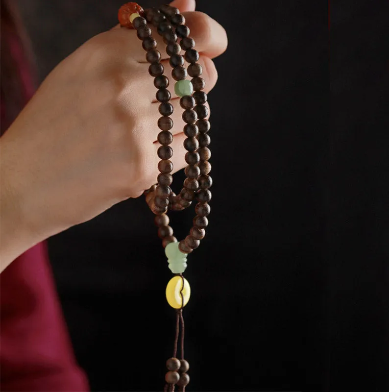 Buddha Stones 108 Mala Beads Kalimantan Agarwood Gourd Jade Amber Balance Bracelet