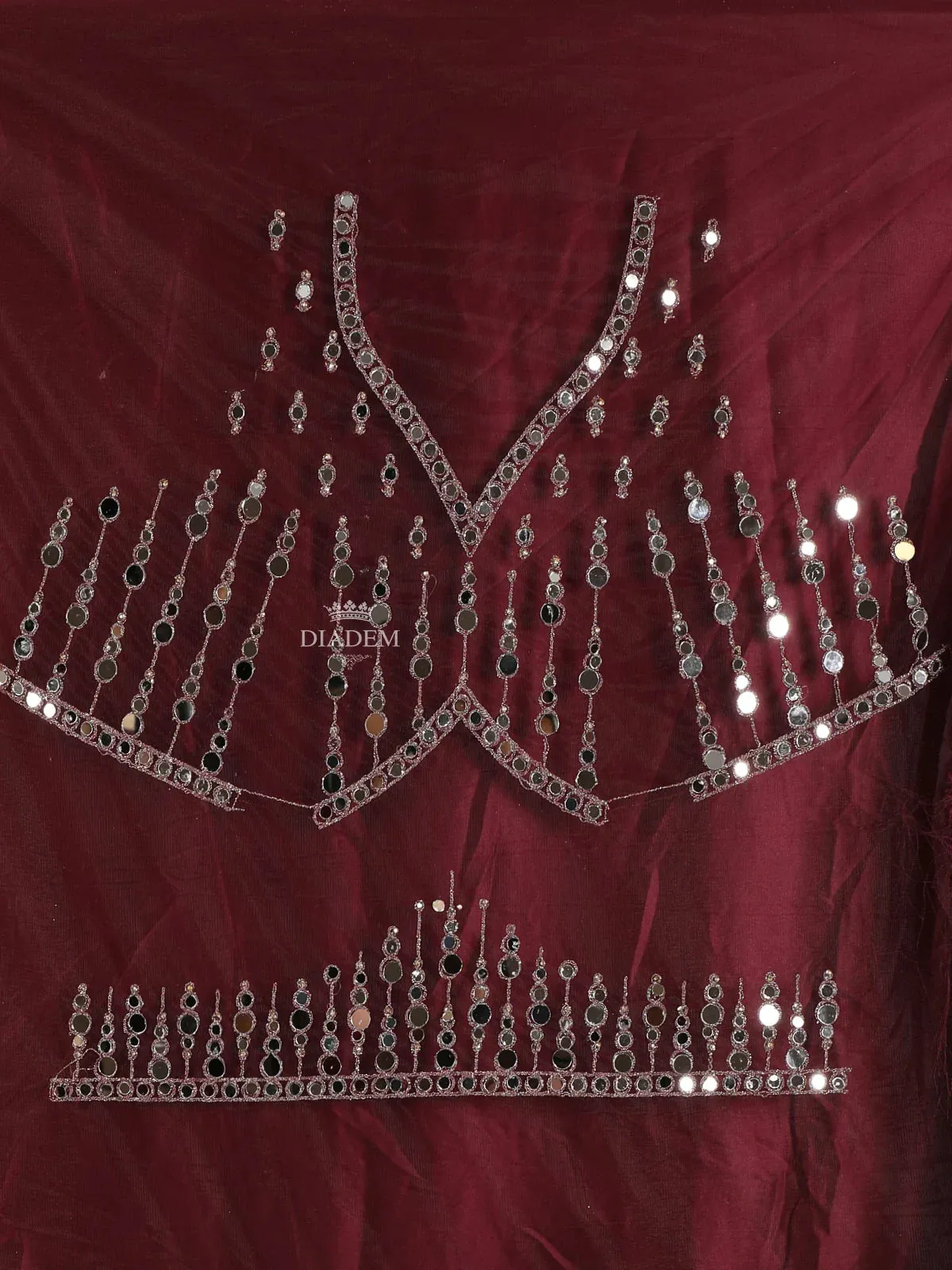 Burgundy Raw Silk Semi-Stitched Lehenga Embellished with Mirrorwork Paired with Net Dupatta