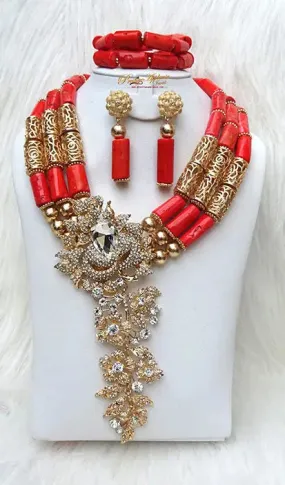 Celebrant Detailed Beautiful Real Traditional Bridal Wedding Coral African Nigerian Necklace Jewellery Set