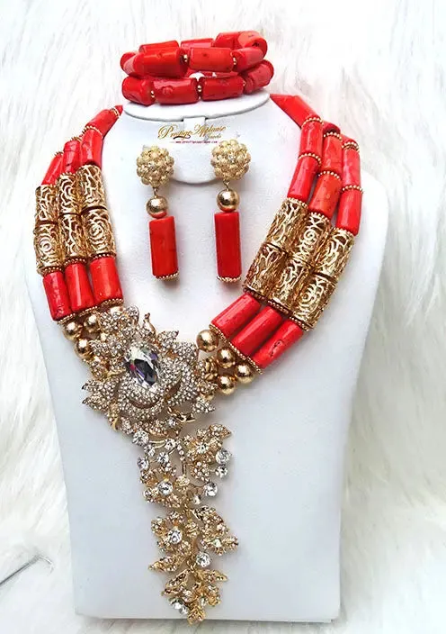 Celebrant Detailed Beautiful Real Traditional Bridal Wedding Coral African Nigerian Necklace Jewellery Set