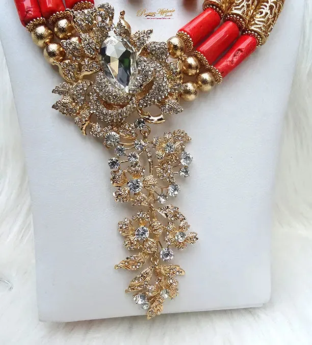 Celebrant Detailed Beautiful Real Traditional Bridal Wedding Coral African Nigerian Necklace Jewellery Set