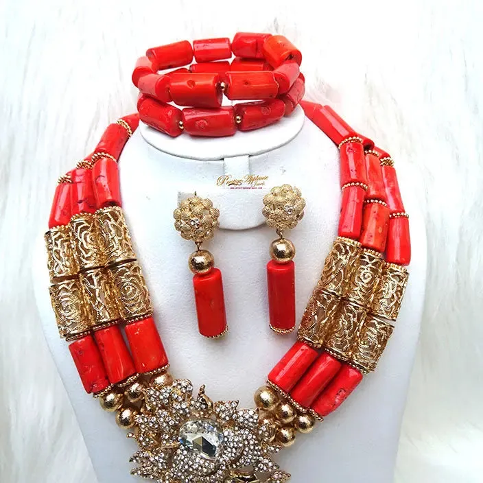 Celebrant Detailed Beautiful Real Traditional Bridal Wedding Coral African Nigerian Necklace Jewellery Set