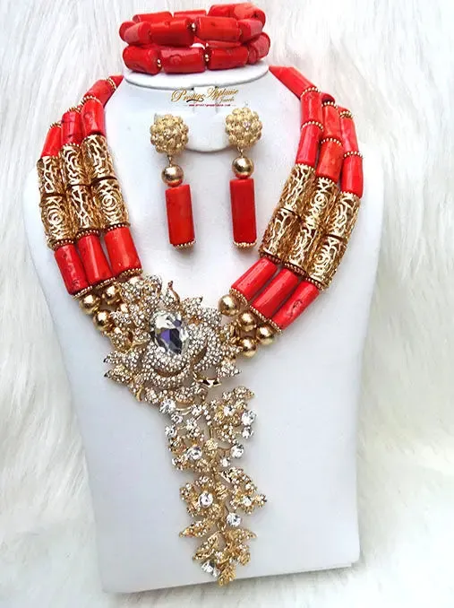 Celebrant Detailed Beautiful Real Traditional Bridal Wedding Coral African Nigerian Necklace Jewellery Set