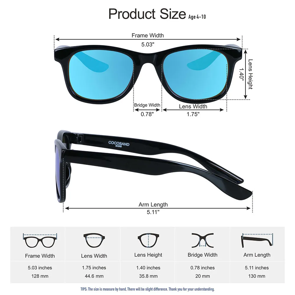 COCOSAND Classic Kids Sunglasses Square Frame UV 400 Protection, Age 4-10, Black with Blue Lens