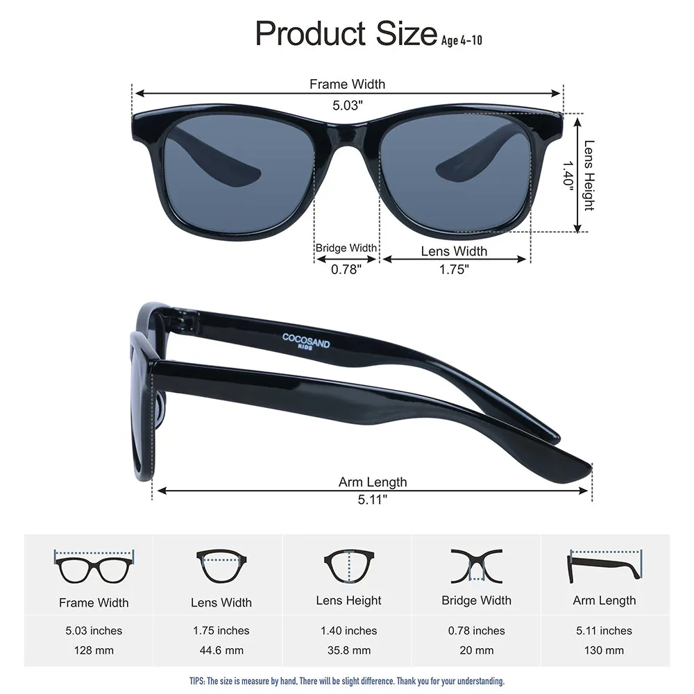 COCOSAND Classic Kids Sunglasses Square Frame UV 400 Protection, Age 4-10, Black
