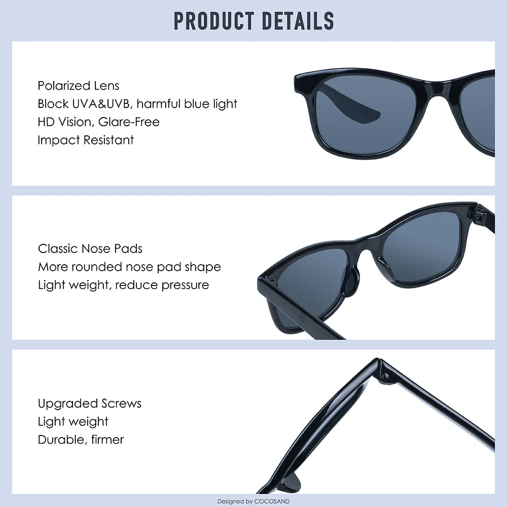 COCOSAND Classic Kids Sunglasses Square Frame UV 400 Protection, Age 4-10, Black