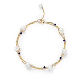 Credo fine double chain bracelet with cultured freshwater pearls & lapis lazuli