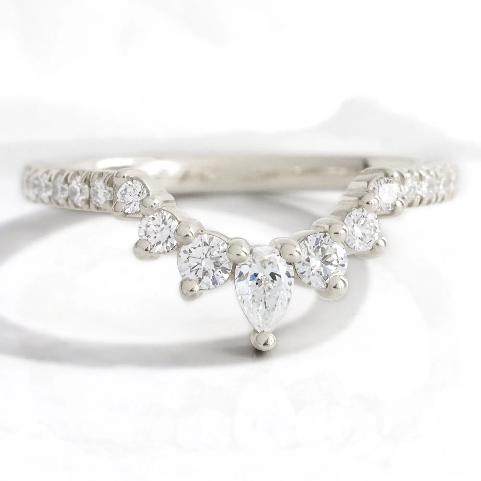 Crescent 7 Diamond Wedding Ring in Curved U Shaped Pave Band