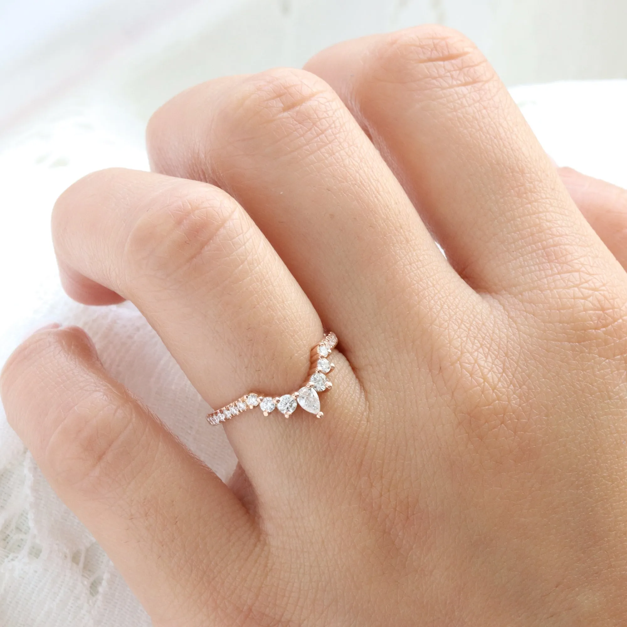 Crescent 7 Diamond Wedding Ring in Curved U Shaped Pave Band