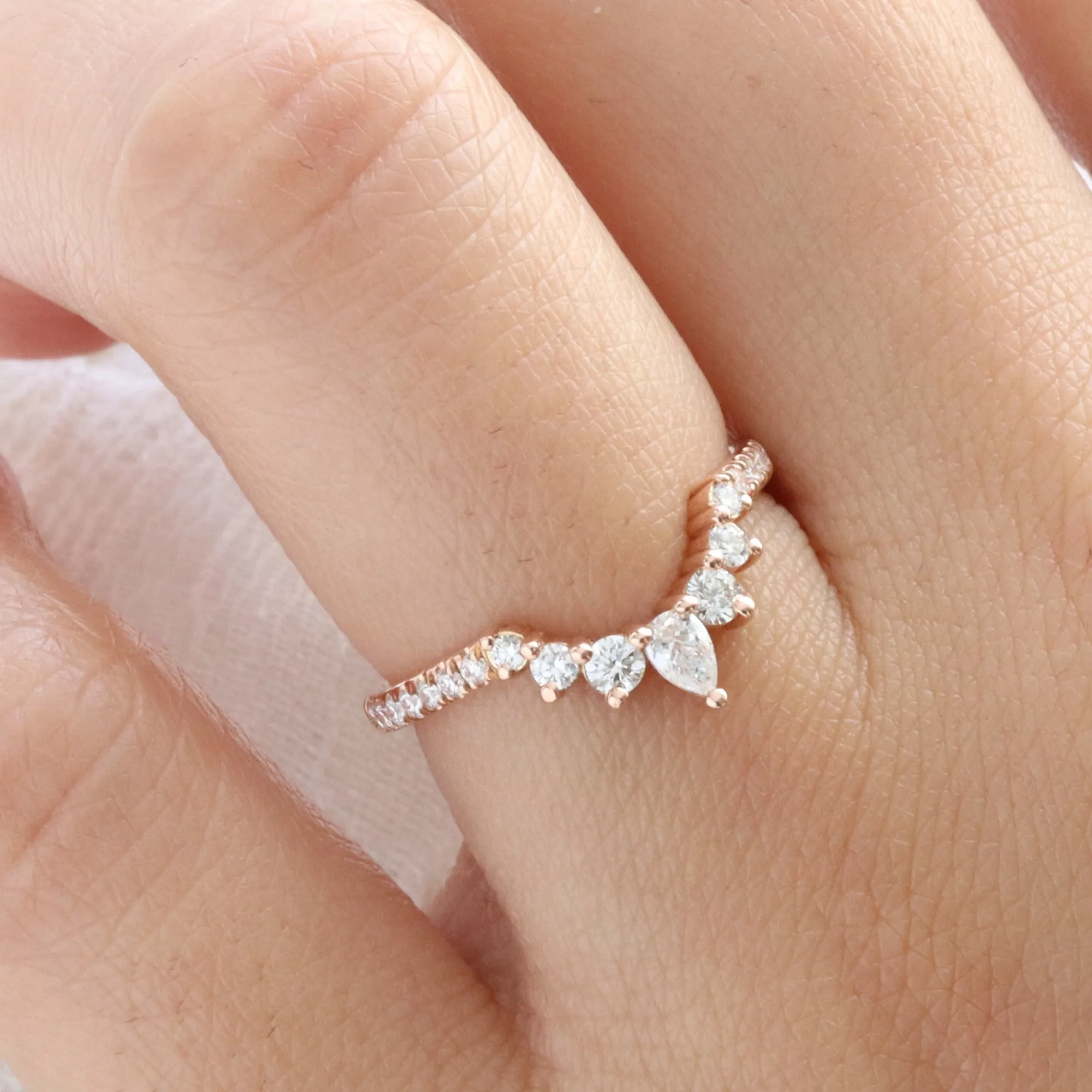 Crescent 7 Diamond Wedding Ring in Curved U Shaped Pave Band