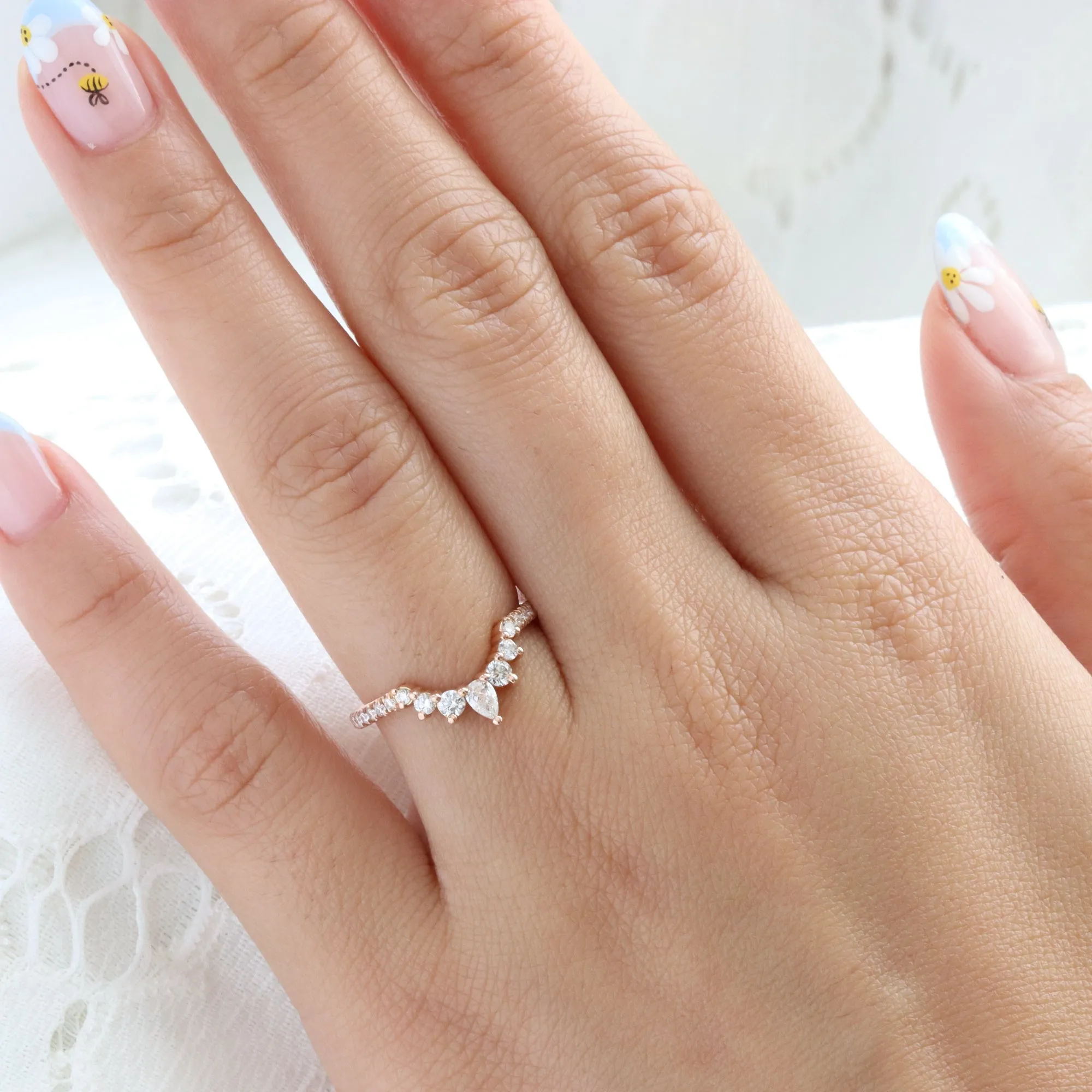 Crescent 7 Diamond Wedding Ring in Curved U Shaped Pave Band