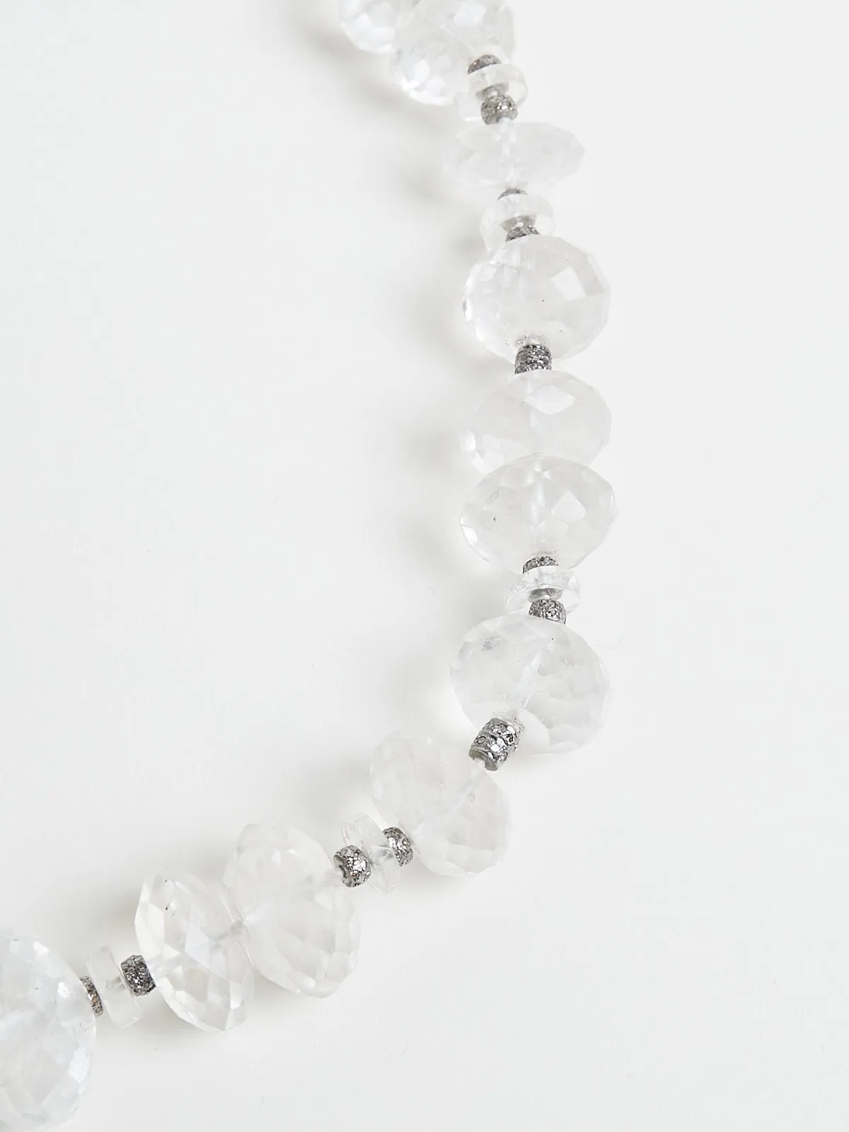 Crystal Beaded Necklace with Blue Topaz Faceted Beads and Grey Diamonds on Silver Motifs with 18k White Gold Clasp