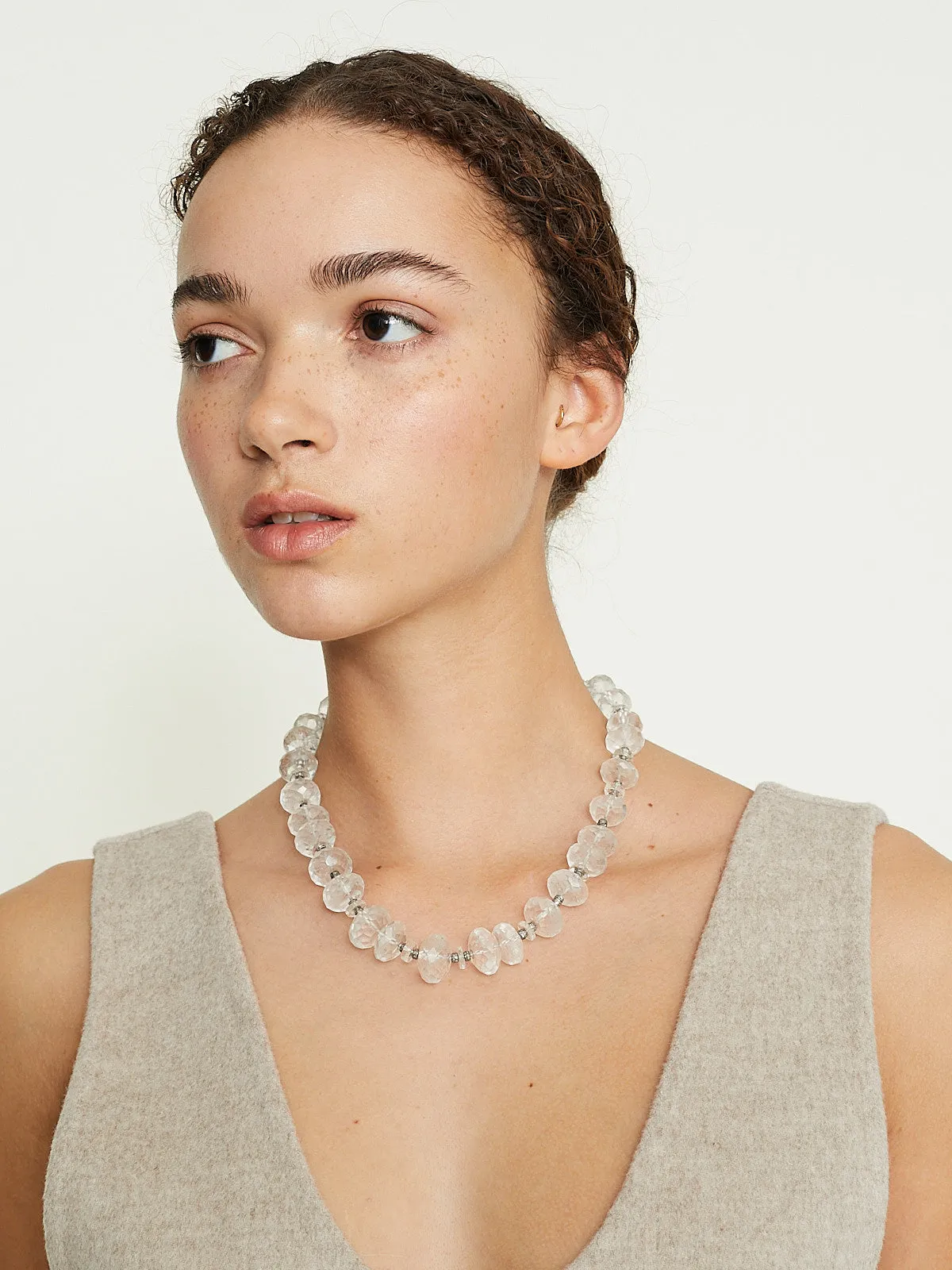 Crystal Beaded Necklace with Blue Topaz Faceted Beads and Grey Diamonds on Silver Motifs with 18k White Gold Clasp