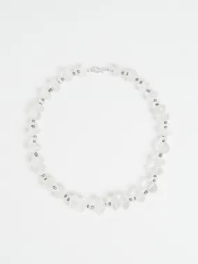 Crystal Beaded Necklace with Blue Topaz Faceted Beads and Grey Diamonds on Silver Motifs with 18k White Gold Clasp