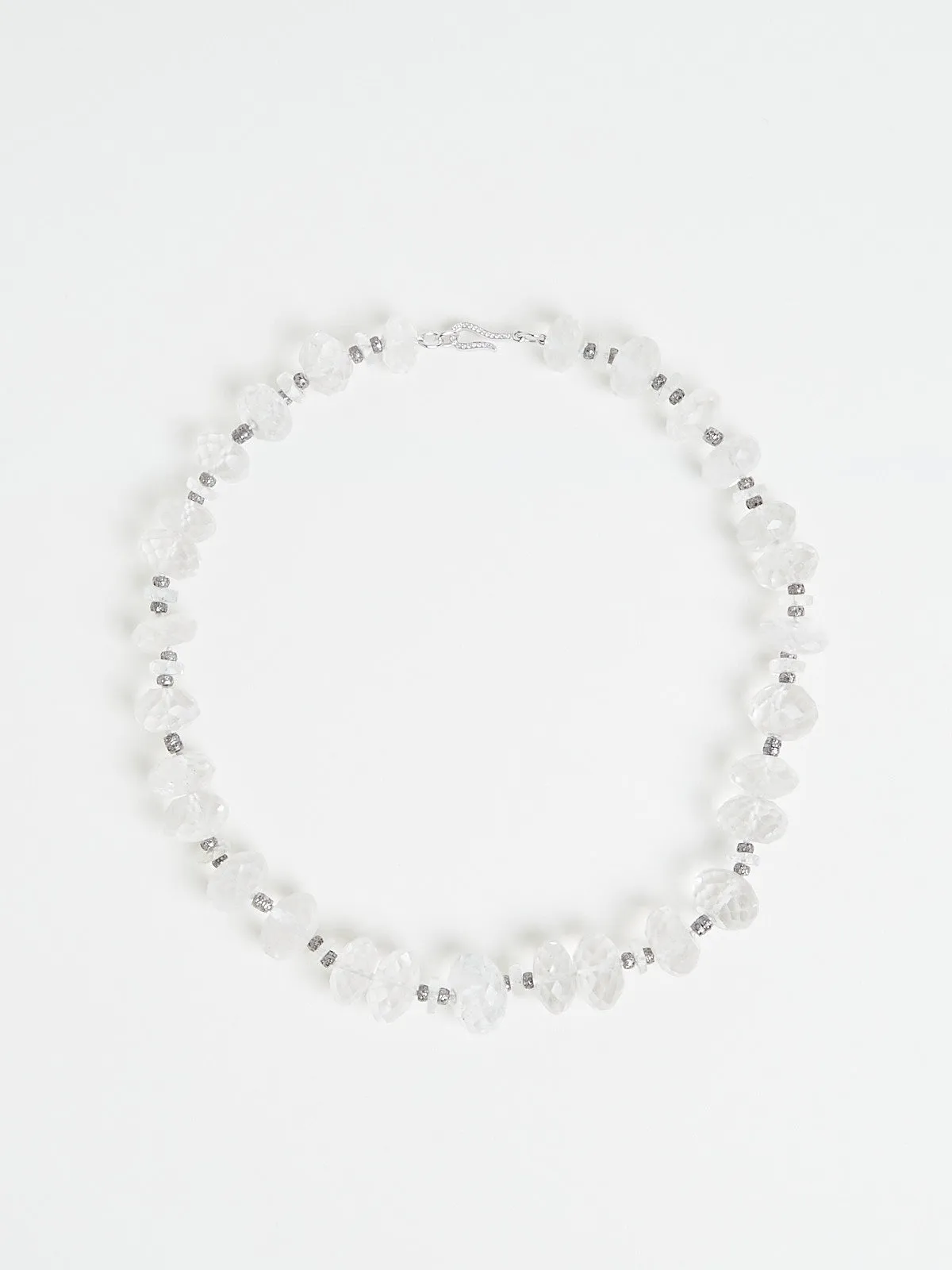 Crystal Beaded Necklace with Blue Topaz Faceted Beads and Grey Diamonds on Silver Motifs with 18k White Gold Clasp