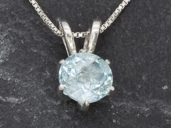 Dainty Blue Pendant - Natural Blue Topaz, Round Solitaire Necklace