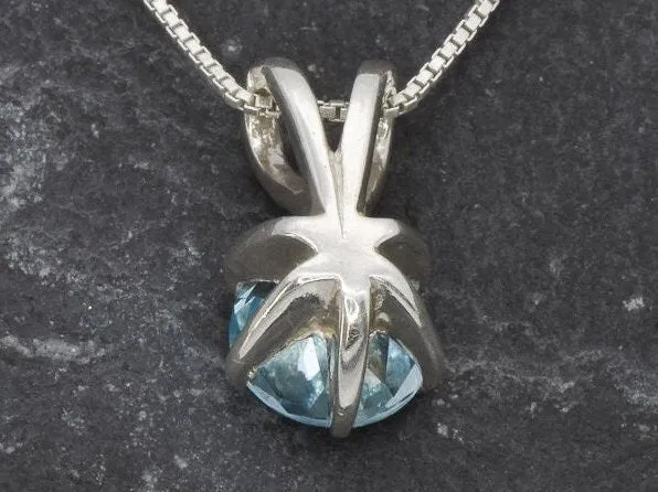 Dainty Blue Pendant - Natural Blue Topaz, Round Solitaire Necklace