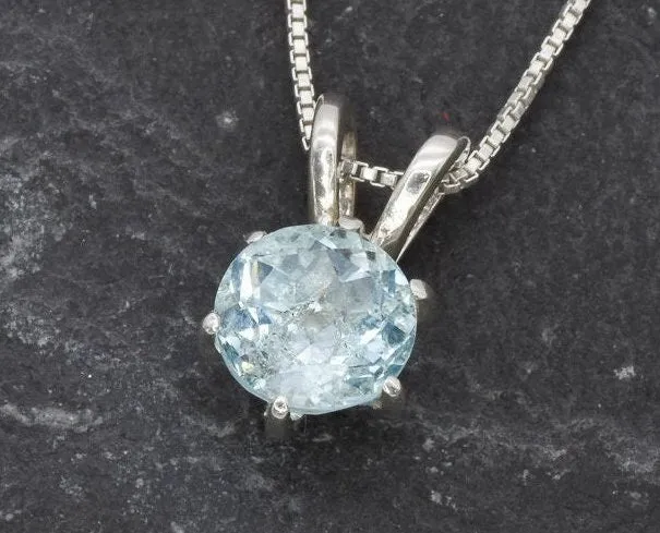 Dainty Blue Pendant - Natural Blue Topaz, Round Solitaire Necklace