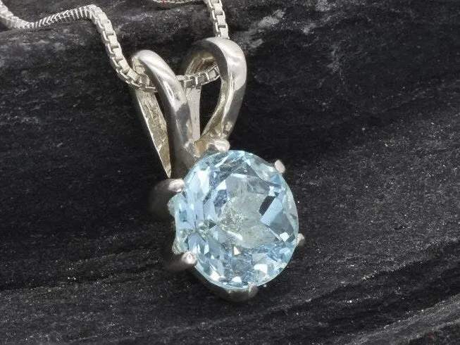 Dainty Blue Pendant - Natural Blue Topaz, Round Solitaire Necklace