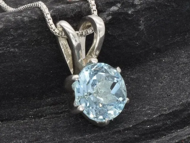 Dainty Blue Pendant - Natural Blue Topaz, Round Solitaire Necklace