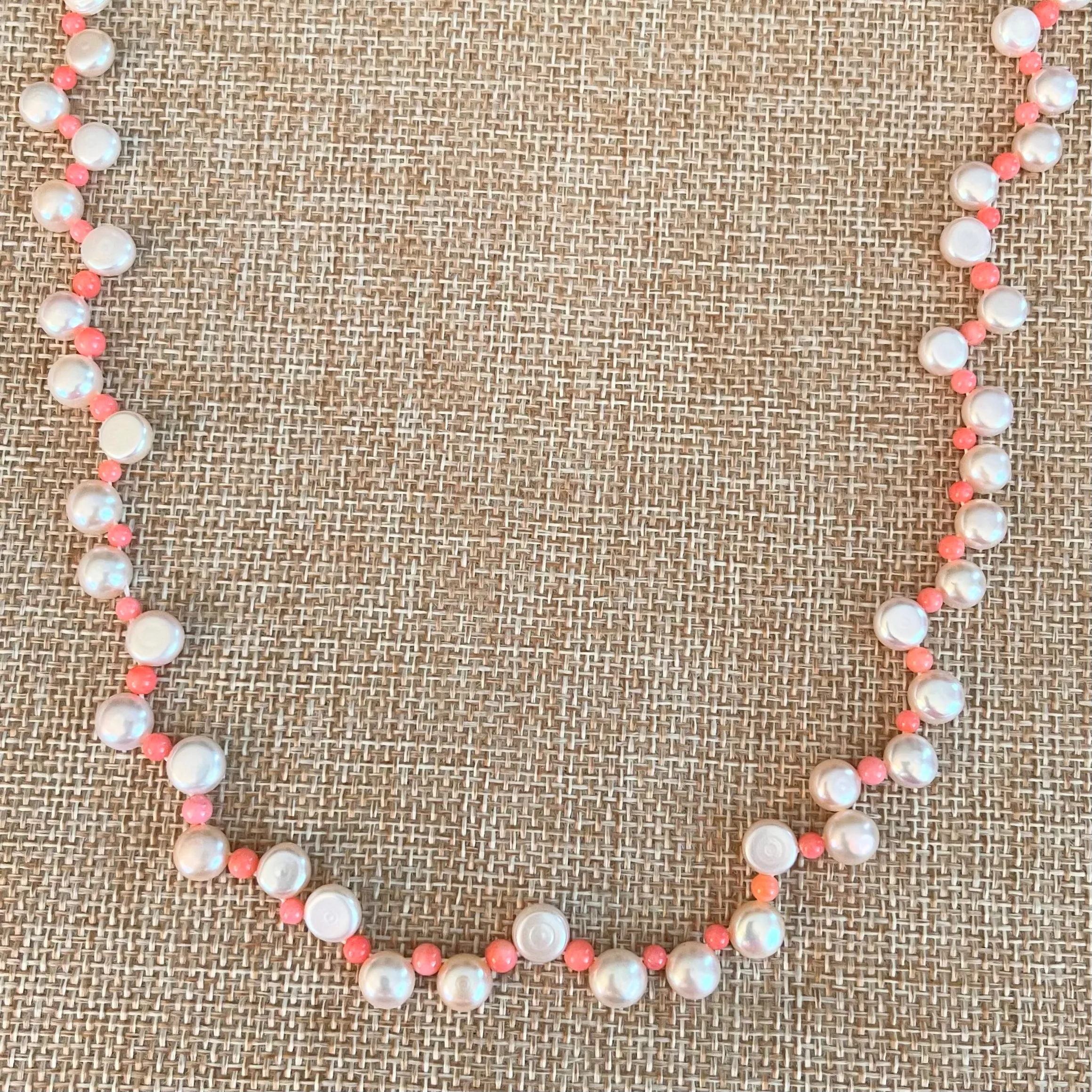 Dainty Pink Coral and White Button Pearl Necklace 17"