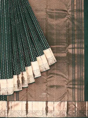Dark Green Pure Kanchipuram (Bridal) Silk Saree with Floral Motif on the Body and Contrast Zari Border