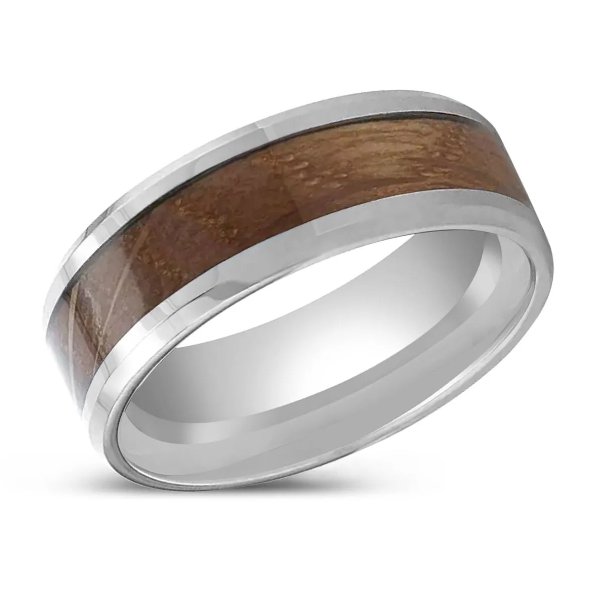 DISTILLED | Tungsten Ring, Whiskey Barrel Inlaid, Beveled Polished Edges