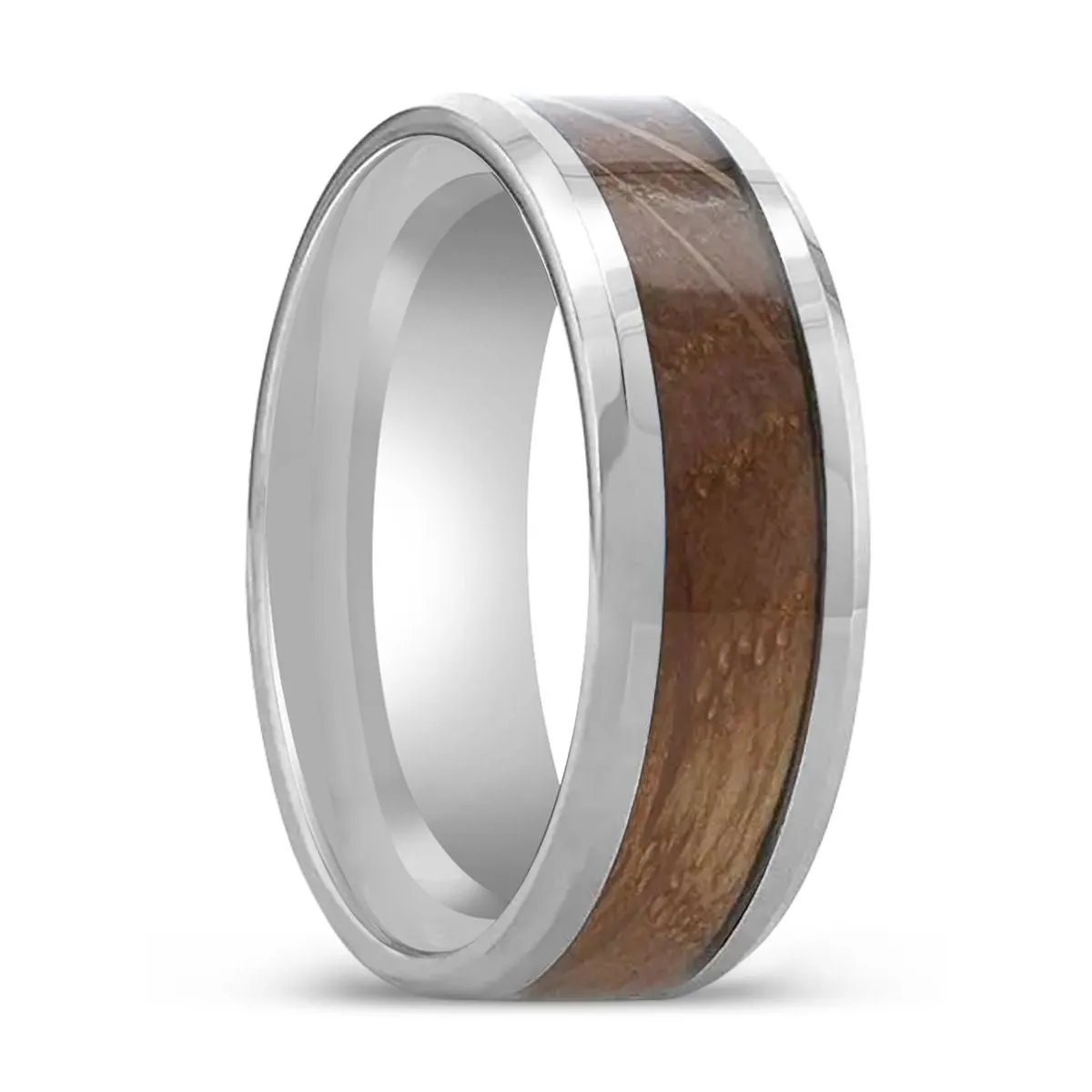 DISTILLED | Tungsten Ring, Whiskey Barrel Inlaid, Beveled Polished Edges