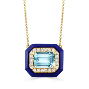 Doves 18K Yellow Gold Octagon Sky Blue Topaz with Diamond and Blue Lapis Border Pendant Necklace