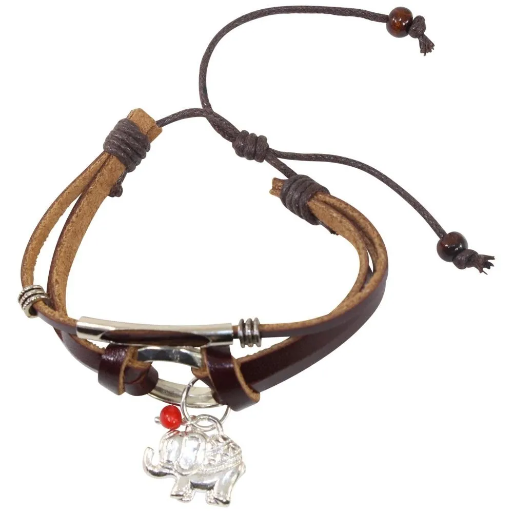 Elephant Charm Adjustable Leather Bracelet for Women w/Huayruro Seed
