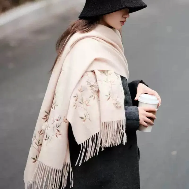 Embroidery 100% Pure Cashmere Scarf Rose 200x60 cm