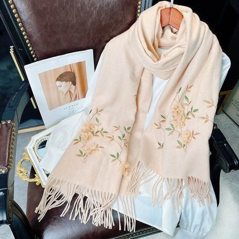 Embroidery 100% Pure Cashmere Scarf Rose 200x60 cm