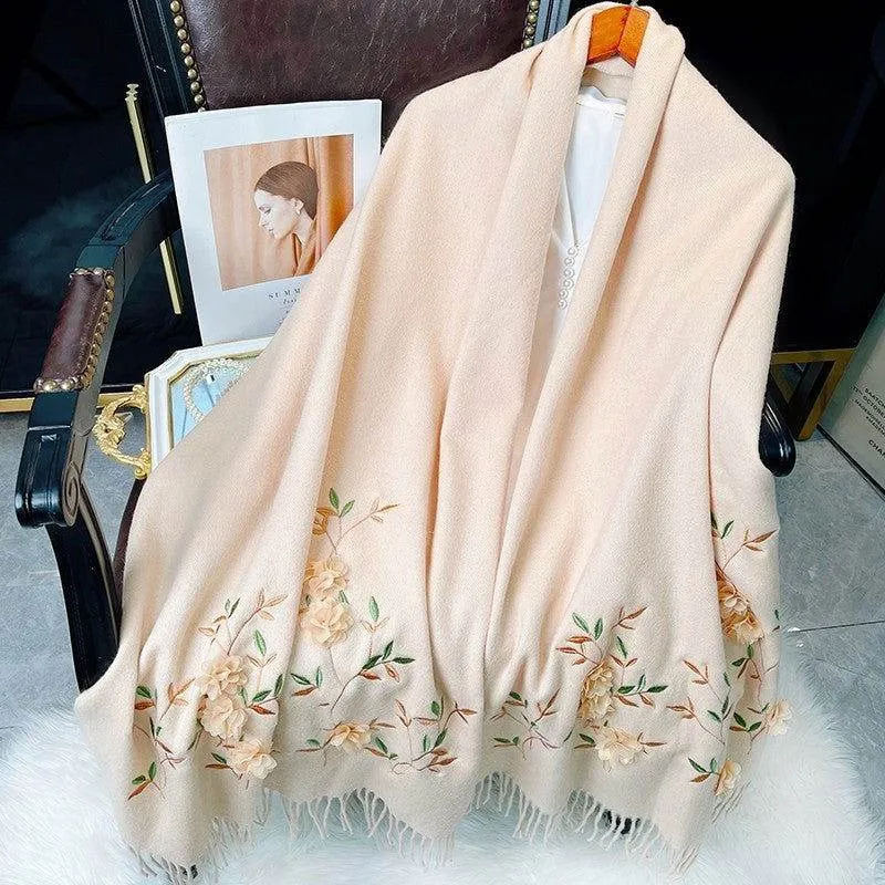 Embroidery 100% Pure Cashmere Scarf Rose 200x60 cm