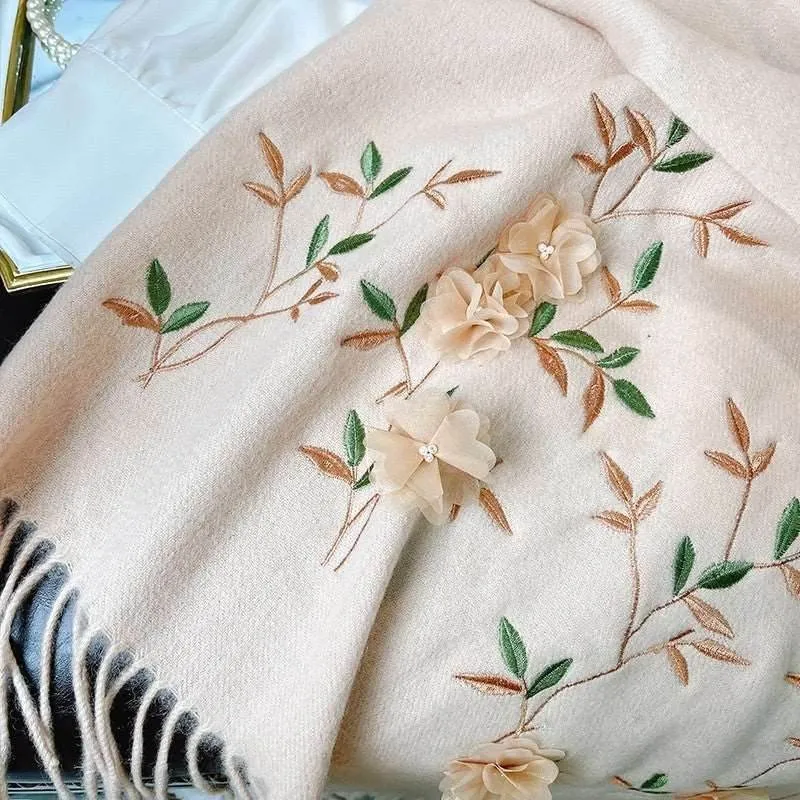 Embroidery 100% Pure Cashmere Scarf Rose 200x60 cm