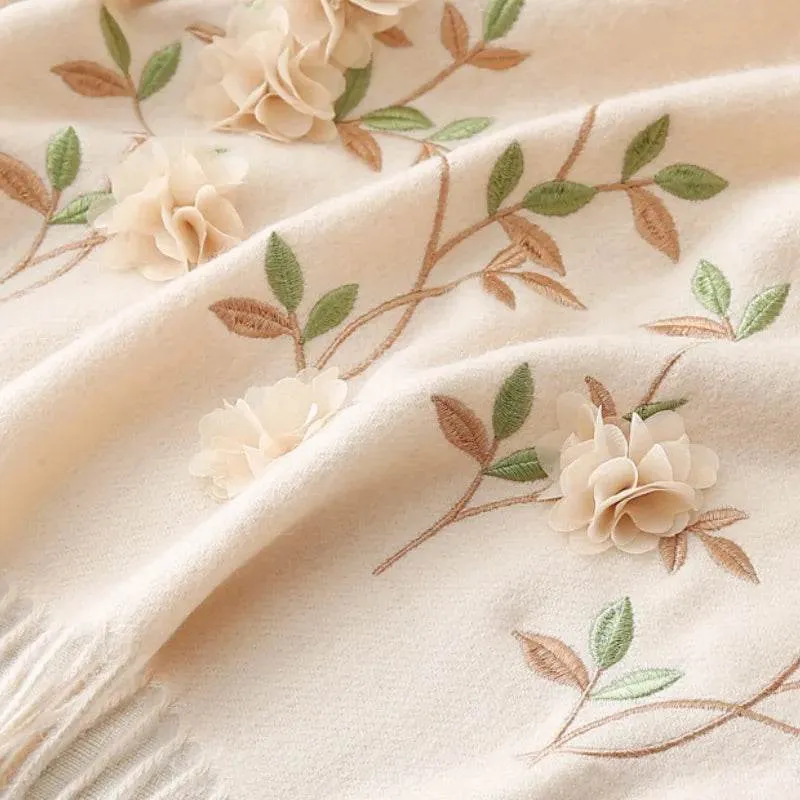 Embroidery 100% Pure Cashmere Scarf Rose 200x60 cm