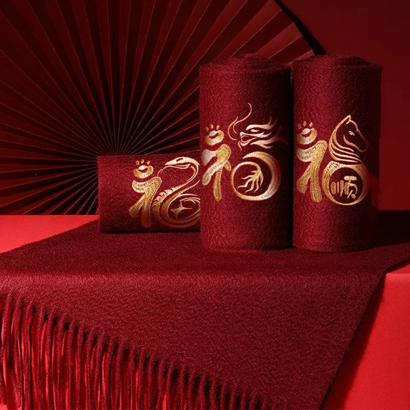 Embroidery Custom Zodiac 100% Cashmere Winter Red Scarf 180x30 cm