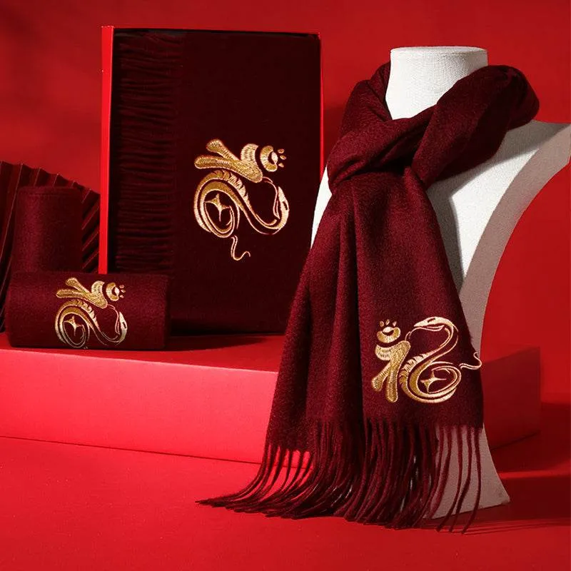 Embroidery Custom Zodiac 100% Cashmere Winter Red Scarf 180x30 cm