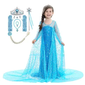 Fancydresswale Elsa Birthday Party Dress Up for Little Girls with Crown,Wand,Gloves Accessories 3-12 Years, Blue