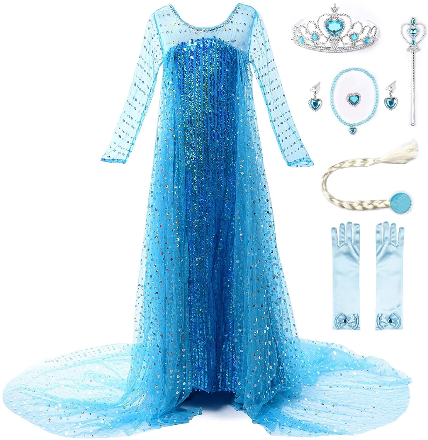 Fancydresswale Elsa Birthday Party Dress Up for Little Girls with Crown,Wand,Gloves Accessories 3-12 Years, Blue