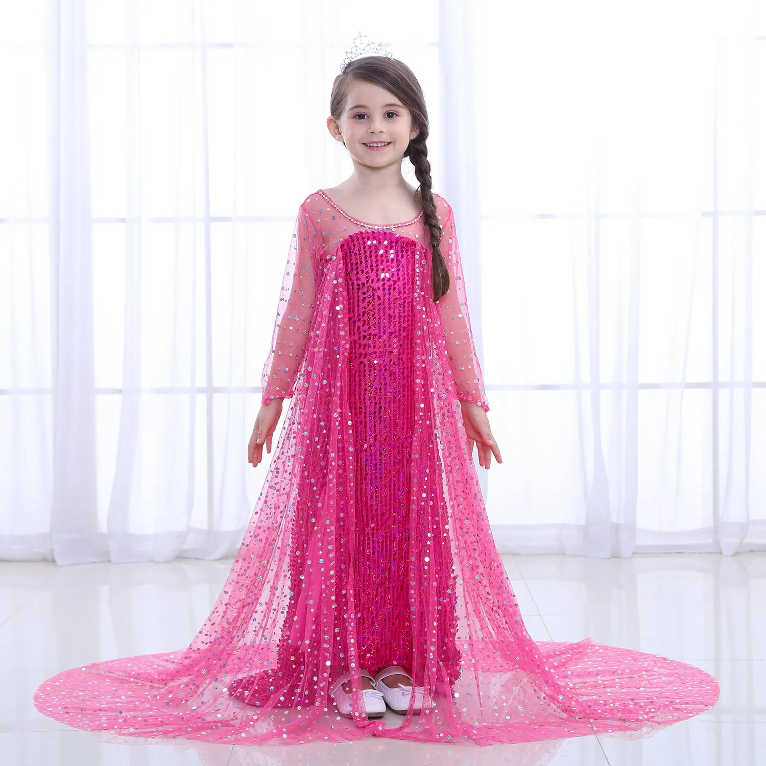 Fancydresswale Elsa Princess Birthday Party Dress for Little Girls with Crown,Wand,Gloves Accessories 3-12 Years, Rose Red