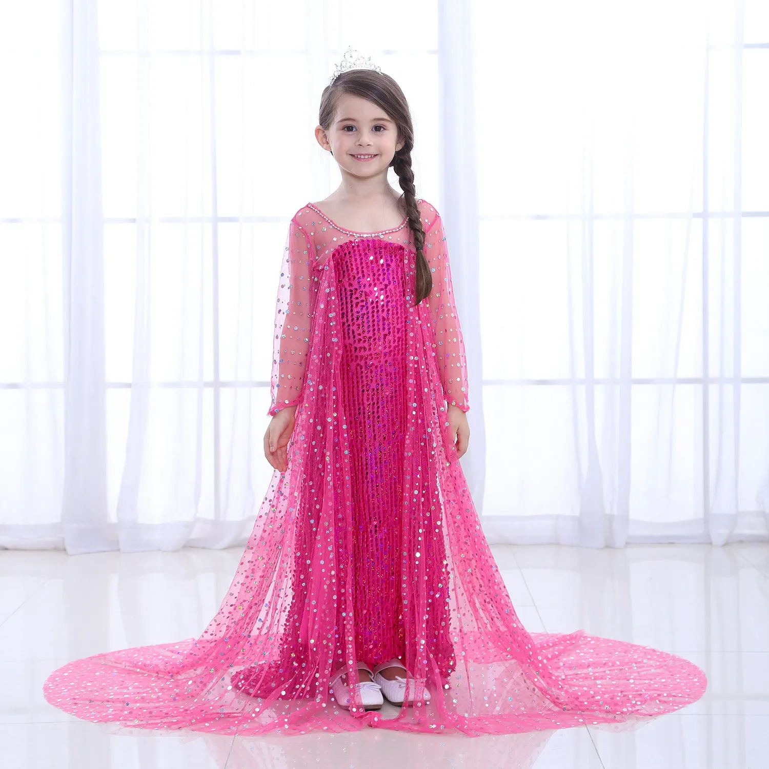 Fancydresswale Elsa Princess Birthday Party Dress for Little Girls with Crown,Wand,Gloves Accessories 3-12 Years, Rose Red