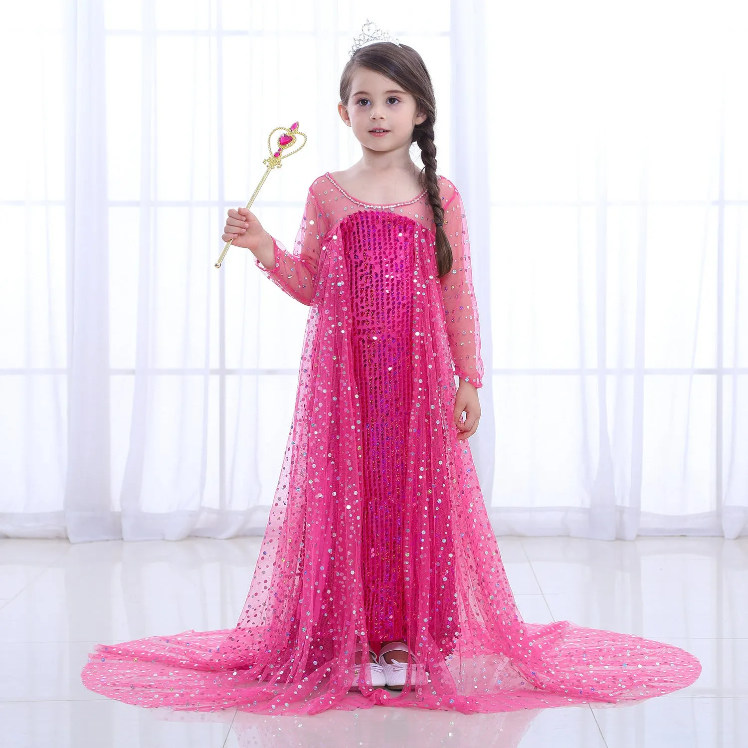 Fancydresswale Elsa Princess Birthday Party Dress for Little Girls with Crown,Wand,Gloves Accessories 3-12 Years, Rose Red