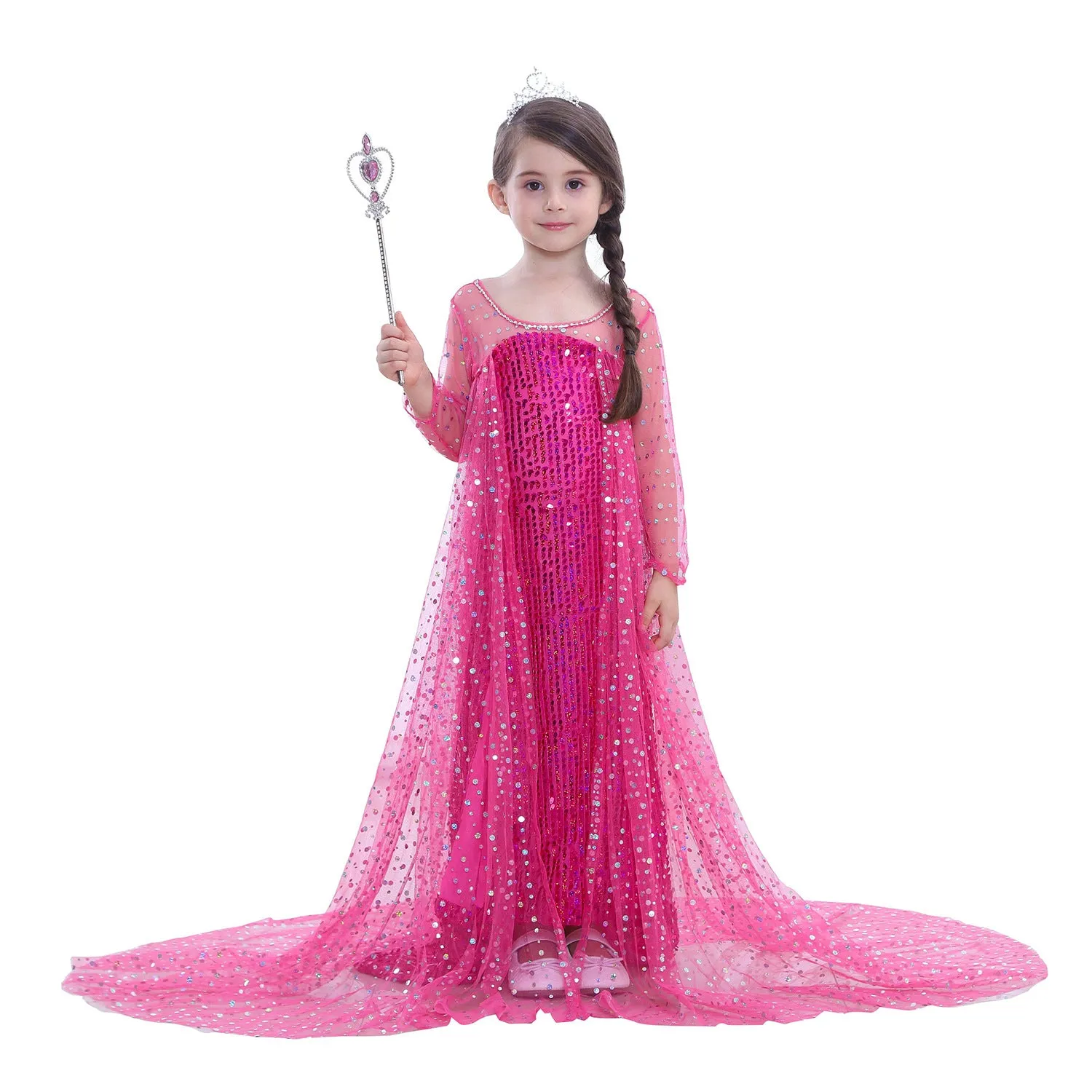 Fancydresswale Elsa Princess Birthday Party Dress for Little Girls with Crown,Wand,Gloves Accessories 3-12 Years, Rose Red