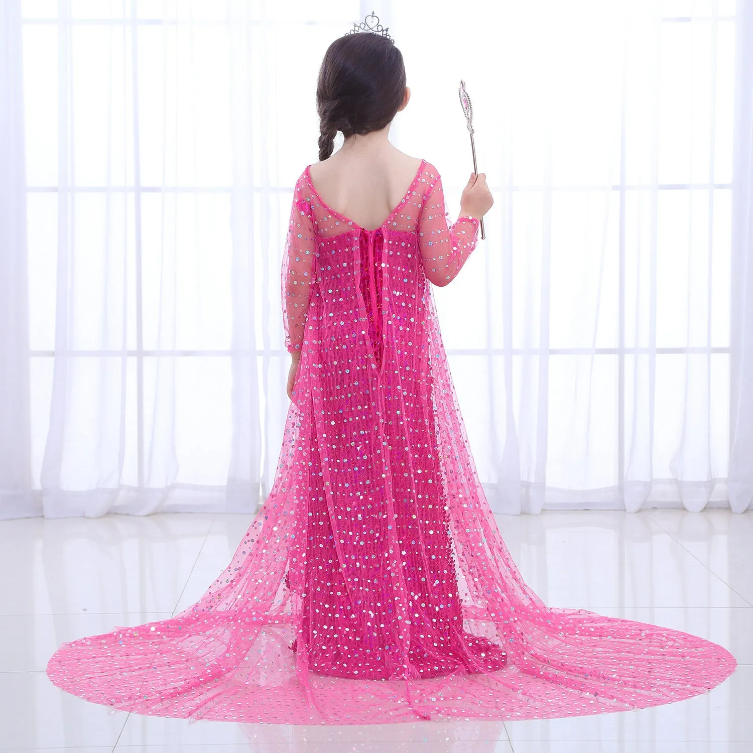 Fancydresswale Elsa Princess Birthday Party Dress for Little Girls with Crown,Wand,Gloves Accessories 3-12 Years, Rose Red